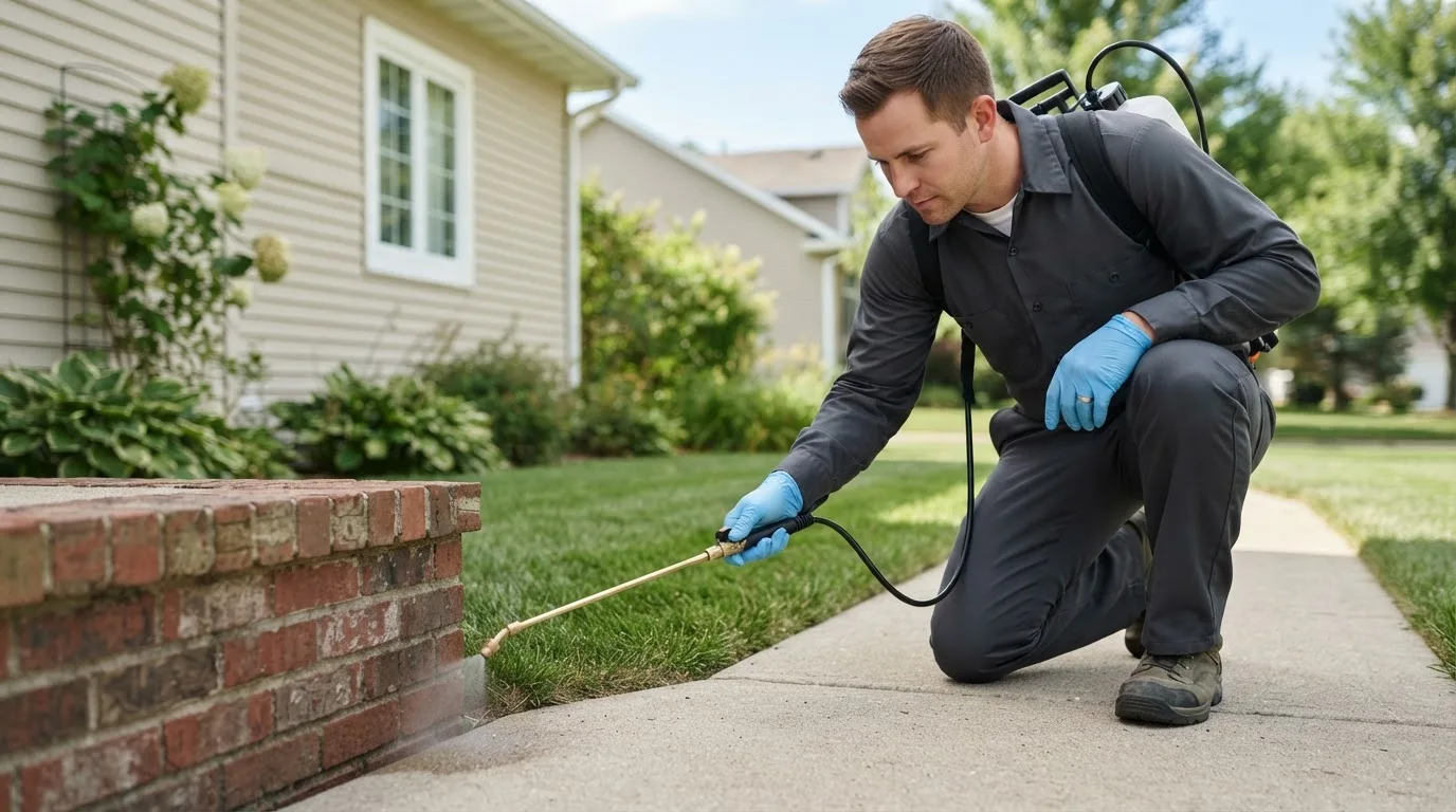 Pest control technician treating a home near Matthews, IN